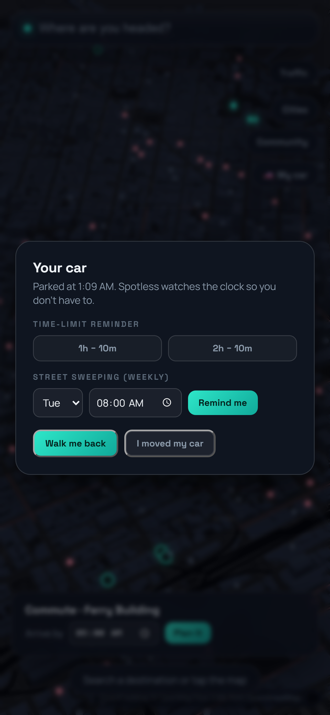Your car panel: time-limit reminders and weekly street sweeping alerts