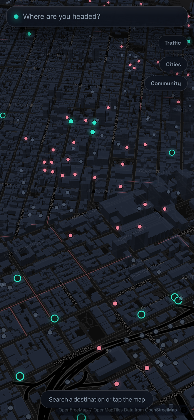 Spotless map of free and paid parking dots across a city at night