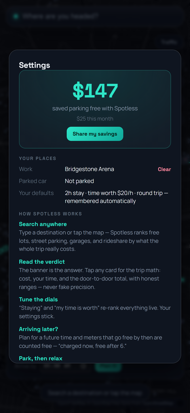 Settings with the savings ledger: $147 saved parking free with Spotless